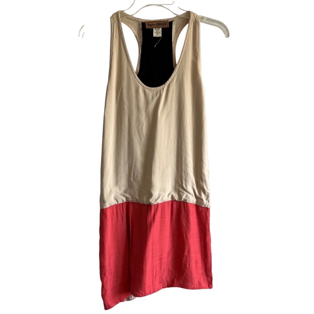 Karen Zambos Mini Tank Sheath Dress Colorblock‎ Embroidered Sides Size Small